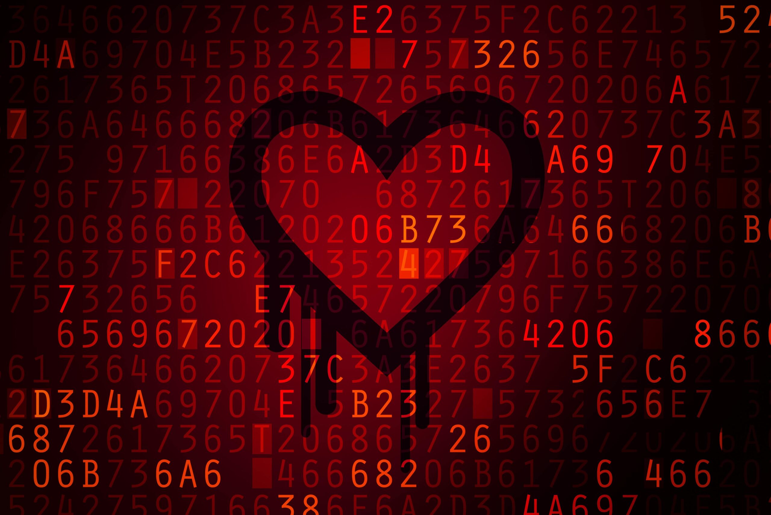 Heartbleed vulnerability concept—bleeding heart icon over red background filled with code, symbolizing cybersecurity flaws and data breaches.