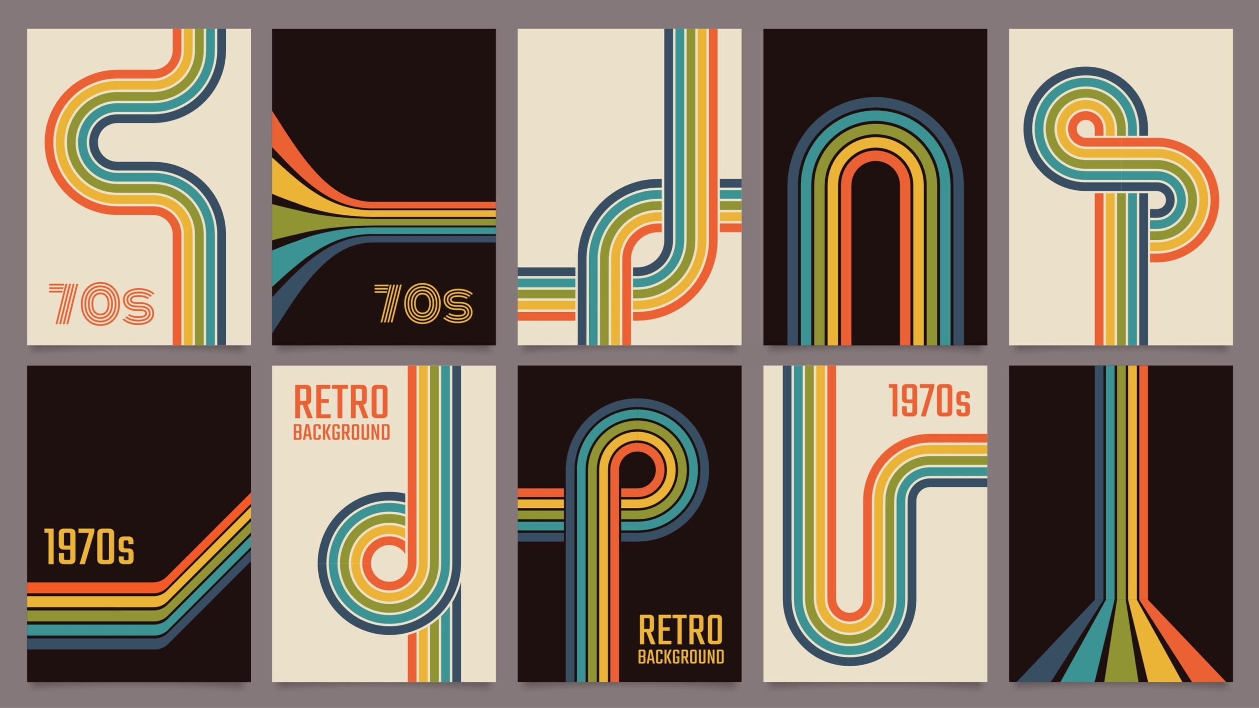 Collection of retro 1970s-style graphic posters with colorful curved lines and bold text on beige and black backgrounds