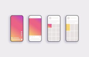 Illustration of four smartphone screens showing different Instagram interface layouts, including stories, posts, and profile grid views.