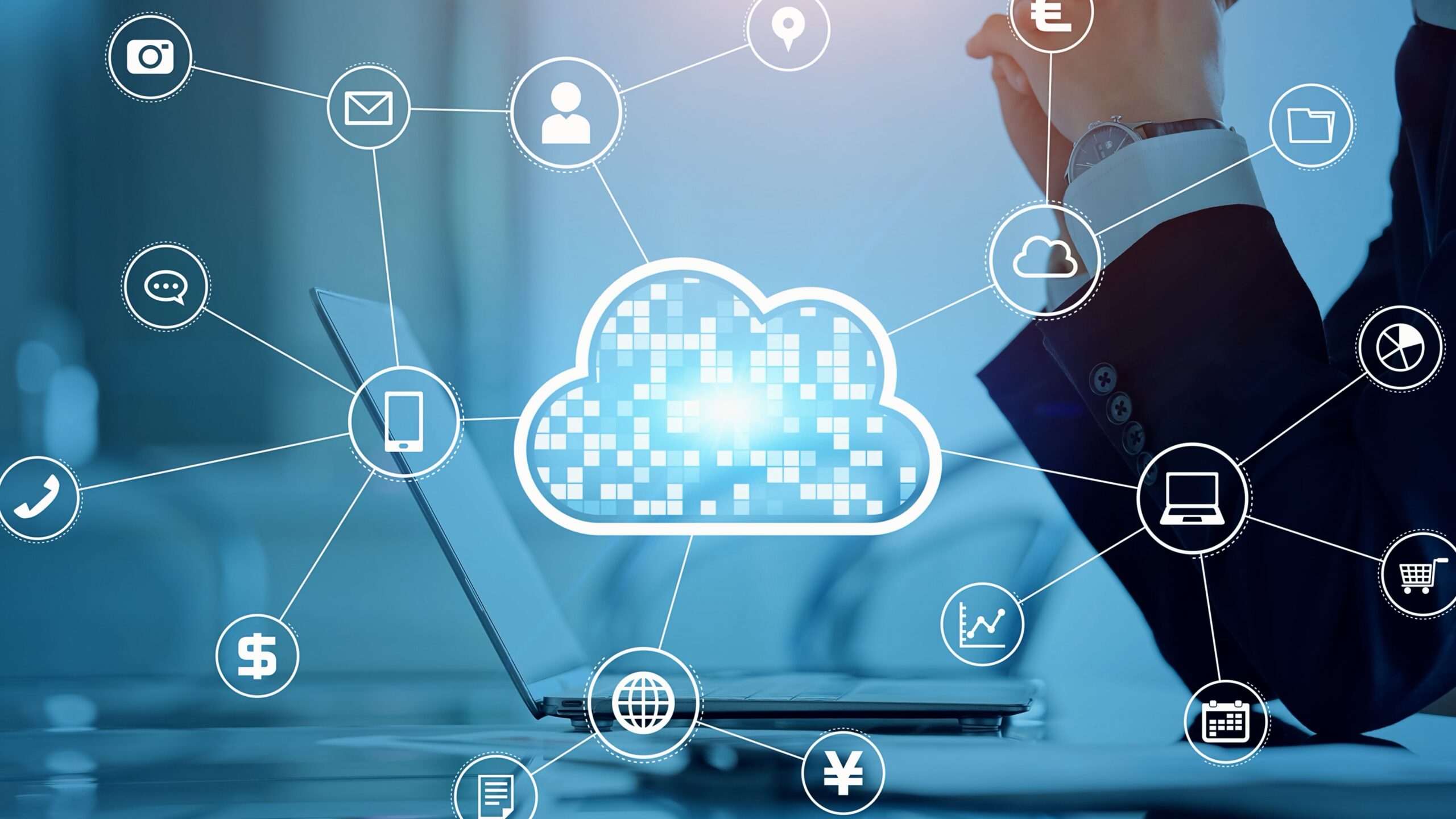 Cloud computing concept with a digital cloud icon connected to devices, data, apps, and services, illustrating IT infrastructure and cloud integration.