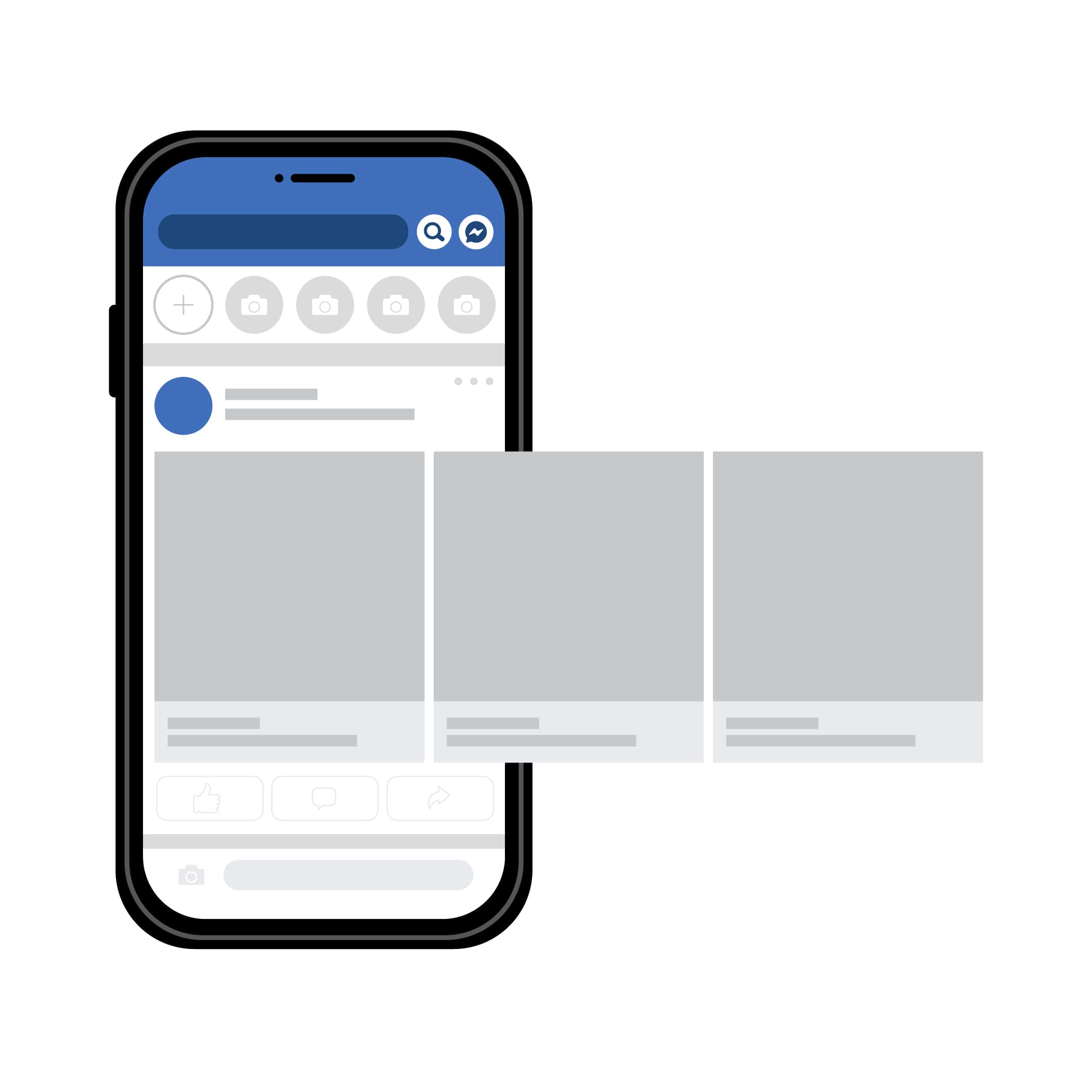 Illustration of a smartphone displaying a Facebook-style timeline layout with image carousel preview