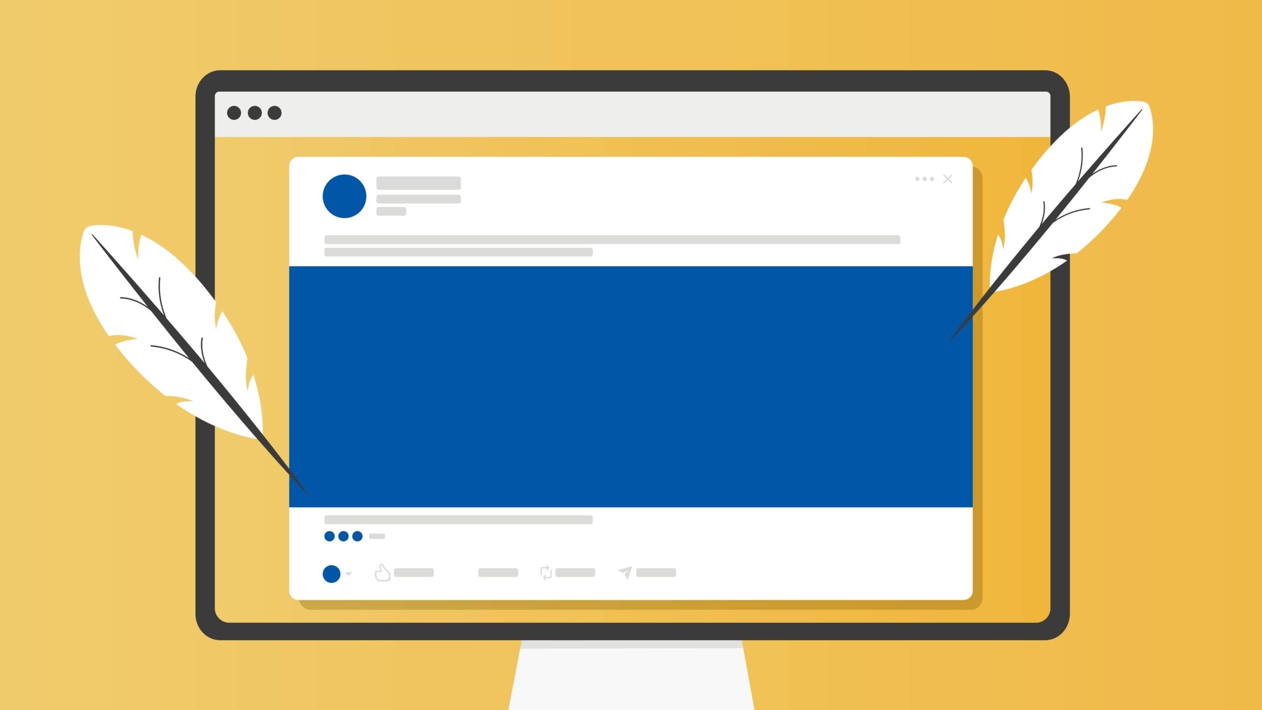 Illustration of a Facebook-style post on a desktop screen with quill pens, symbolizing customization or content creation