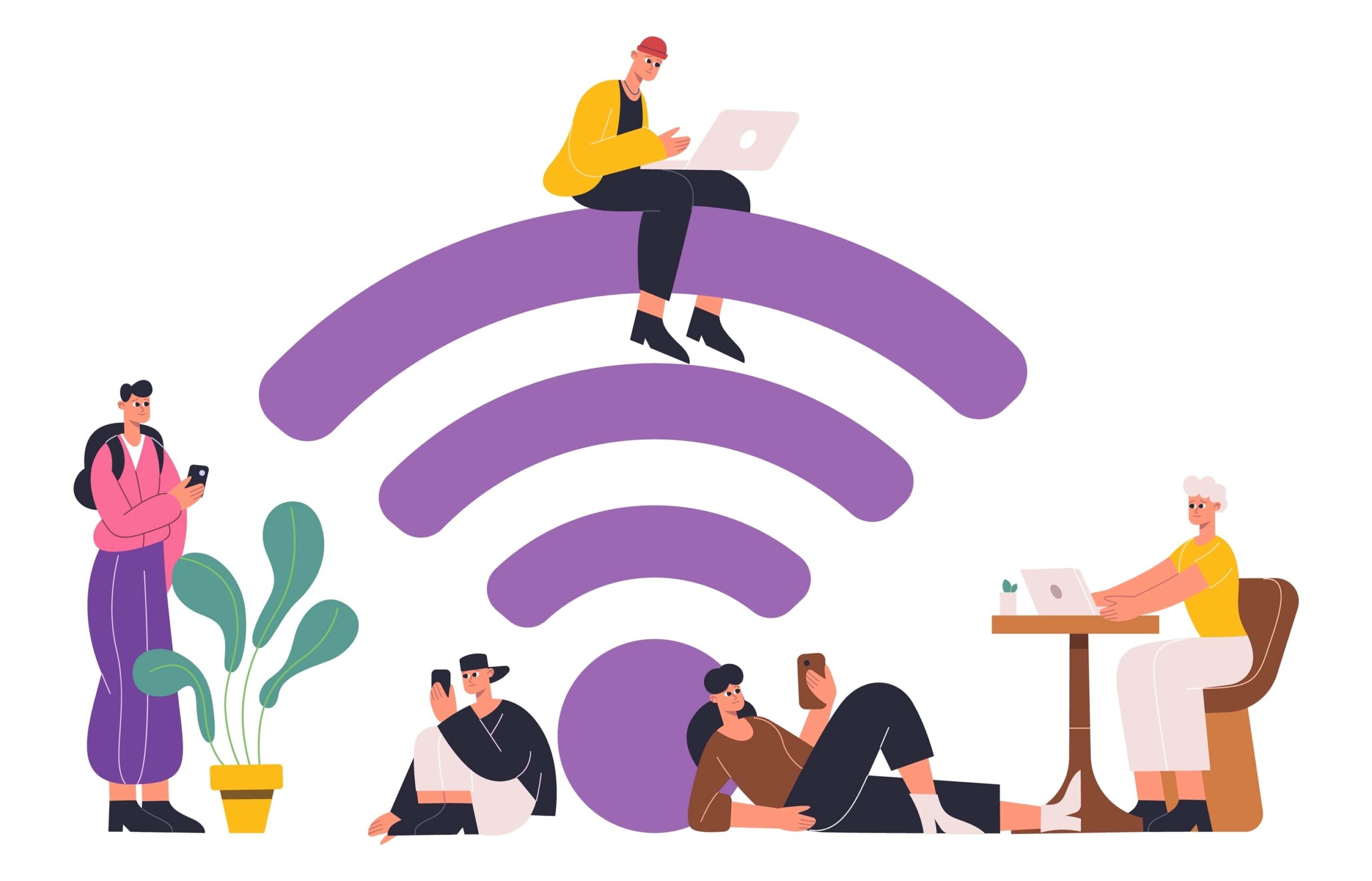 People using phones and laptops around a large purple Wi-Fi symbol, representing public Wi-Fi access