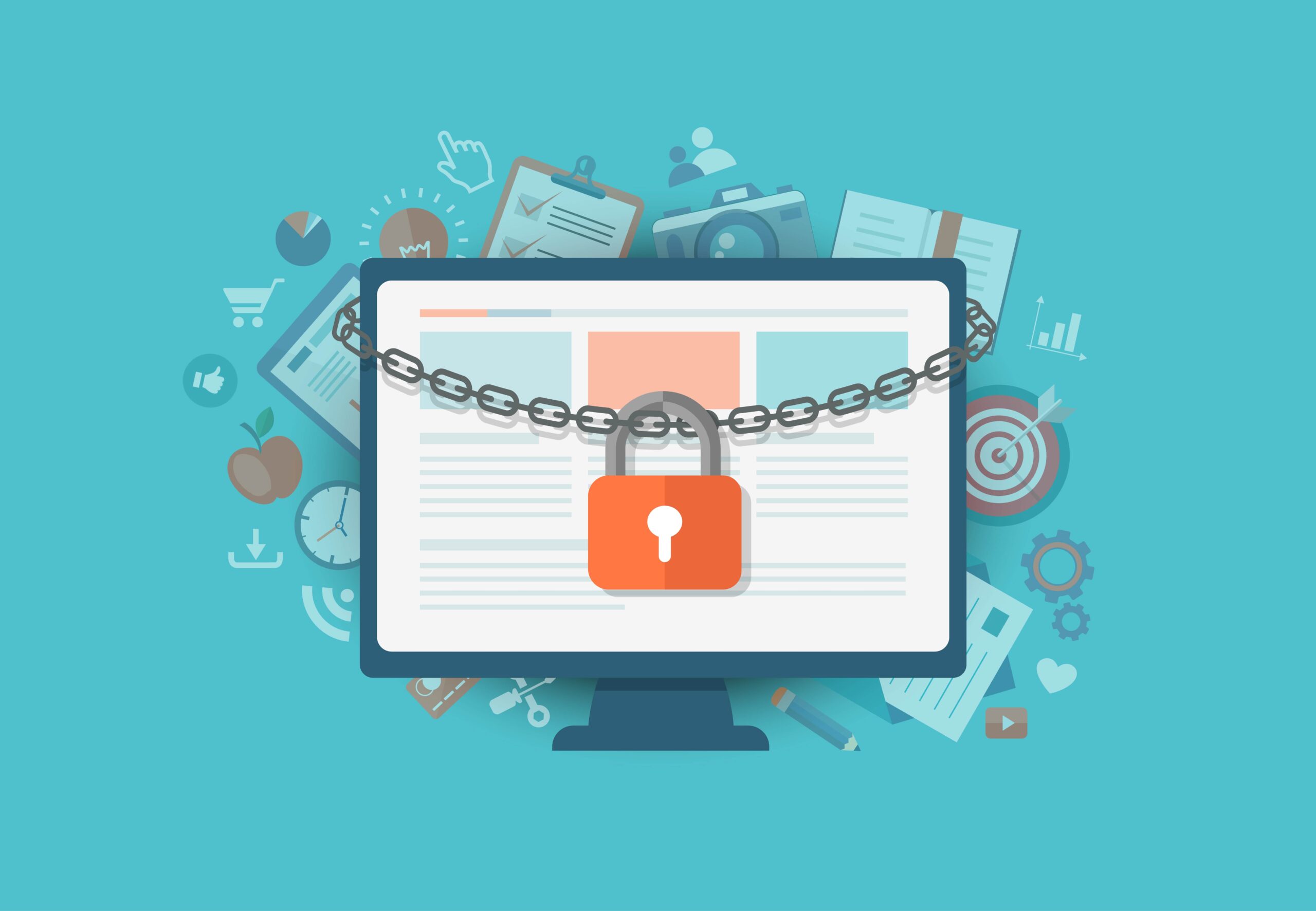 Computer monitor wrapped in chains with a padlock, representing internet security and data protection
