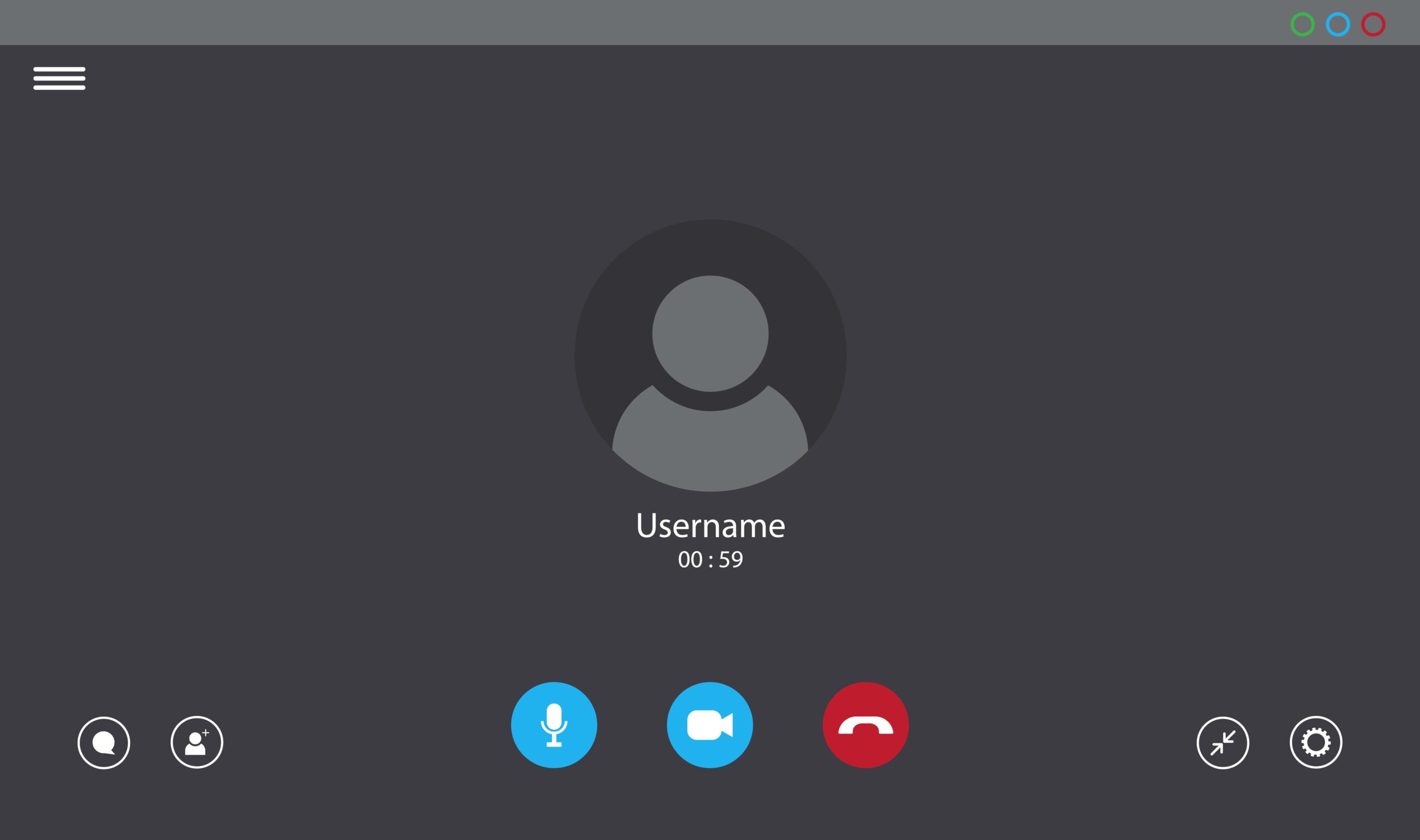 Video call interface with user avatar, microphone, camera, and end call icons on screen