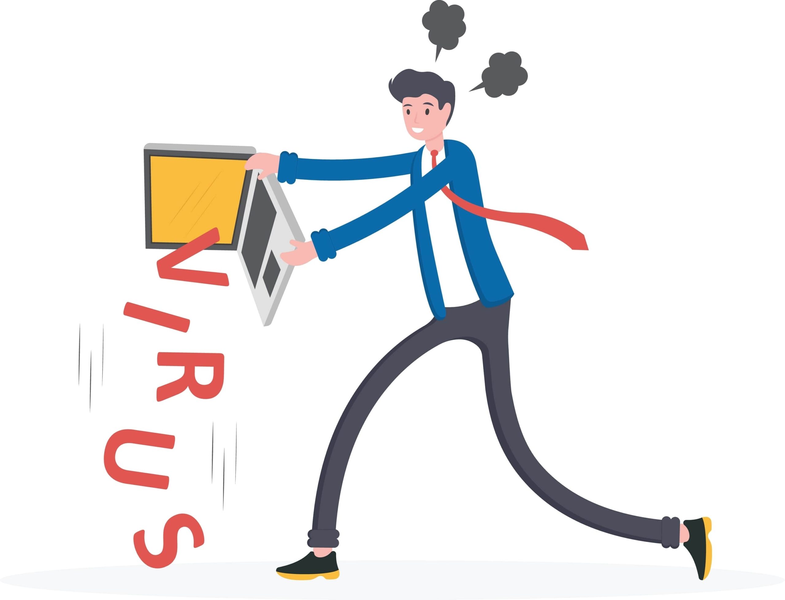 Frustrated man attempting to remove virus from computer by throwing laptop