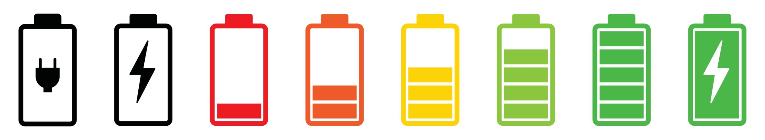 Battery icons showing different charge levels from empty to full in various colors