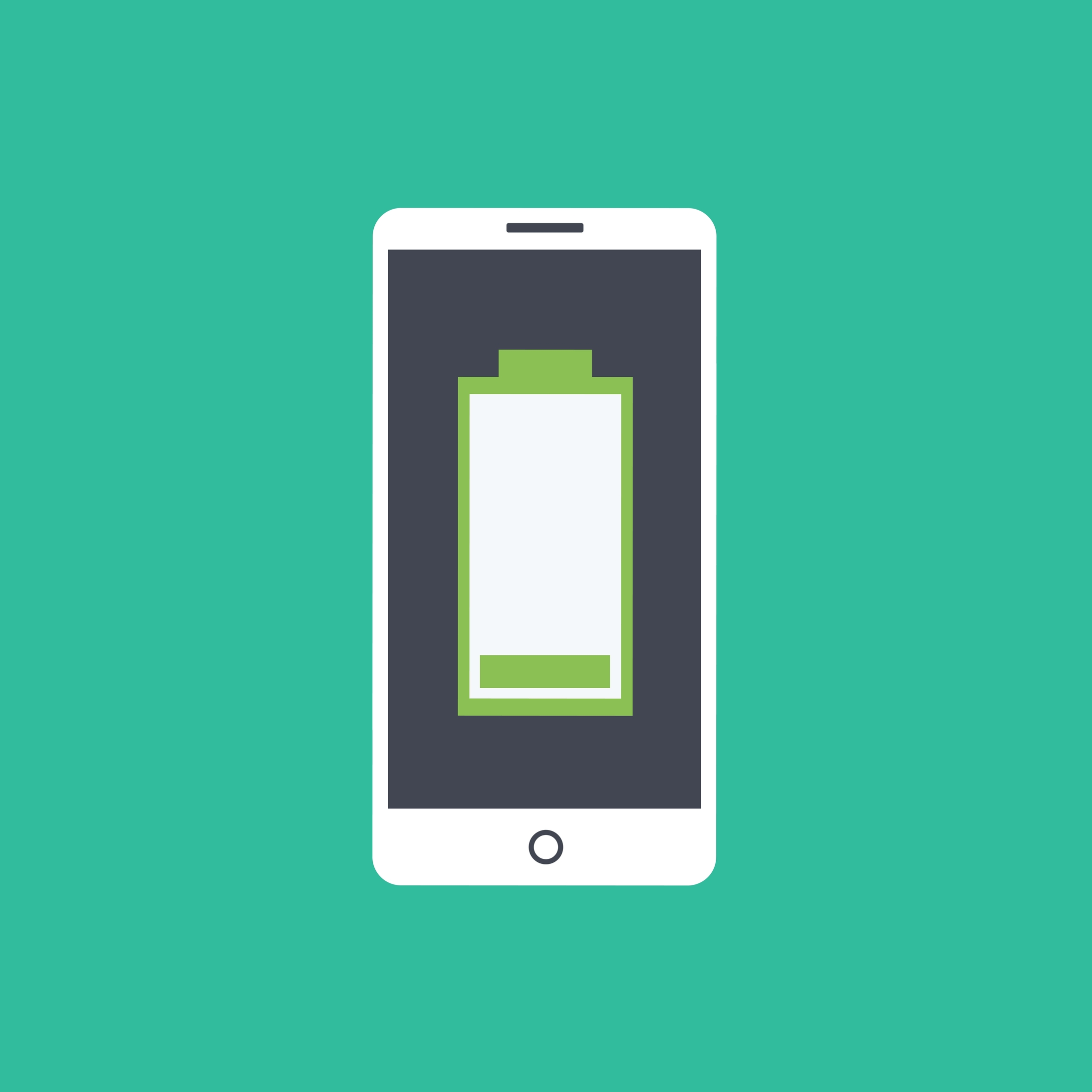 Smartphone displaying low battery icon on green background