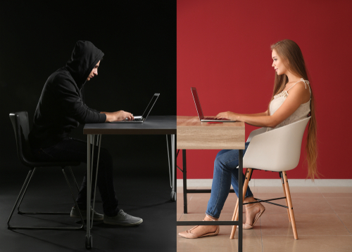 Split-screen of scammer in hoodie and woman using laptop, representing online dating scam and internet fraud