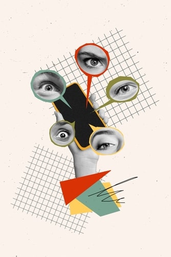 Conceptual collage of smartphone surrounded by watchful eyes, symbolizing digital surveillance and privacy invasion