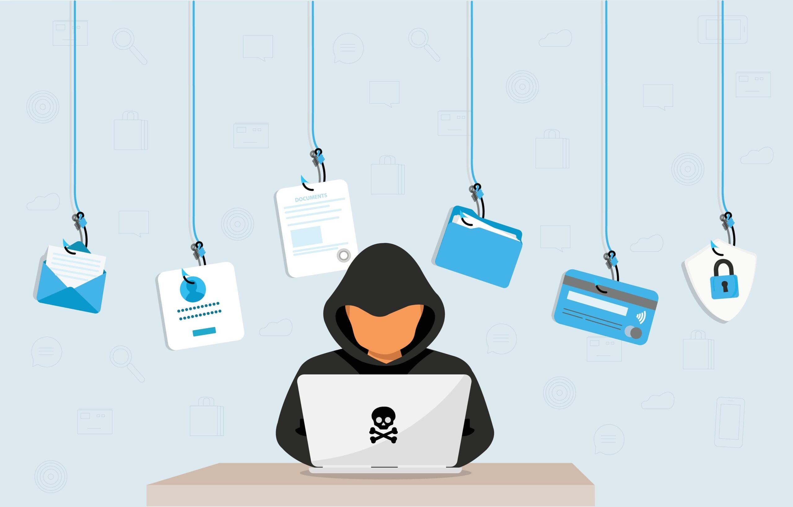 cartoon image of computer hacker phishing for financial information