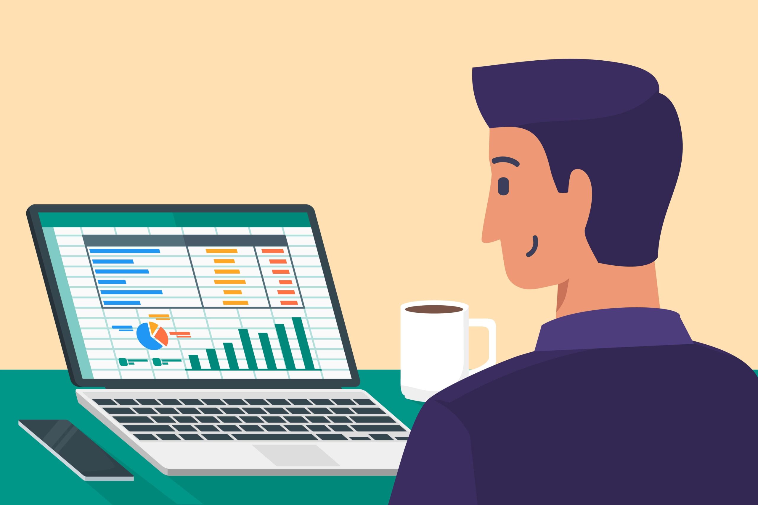 cartoon image of business man smiling at laptop with excel functions on screen