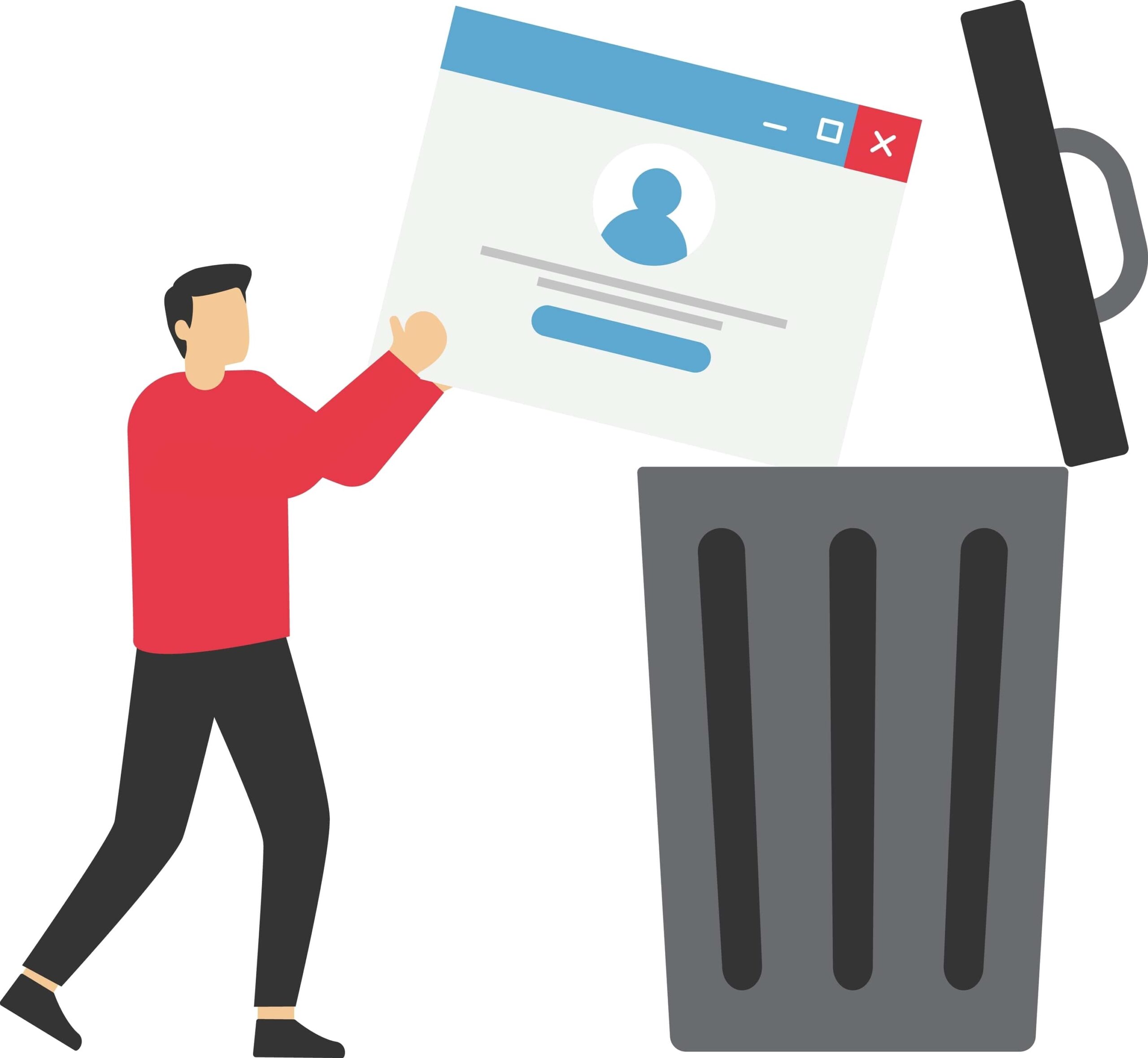 Man throwing social profile into garbage can