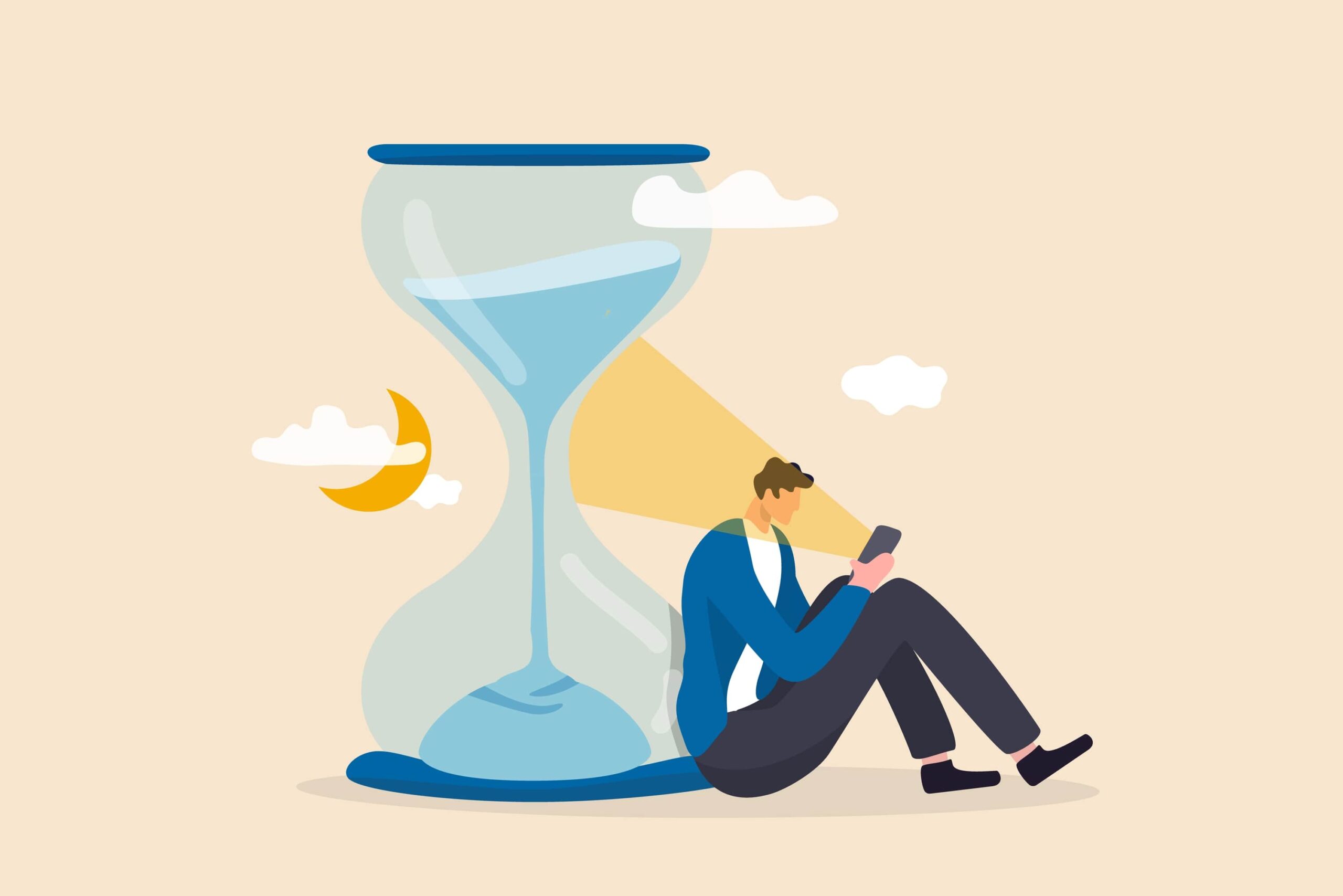 cartoon man sitting on phone with hourglass symbolizing time spent on phone