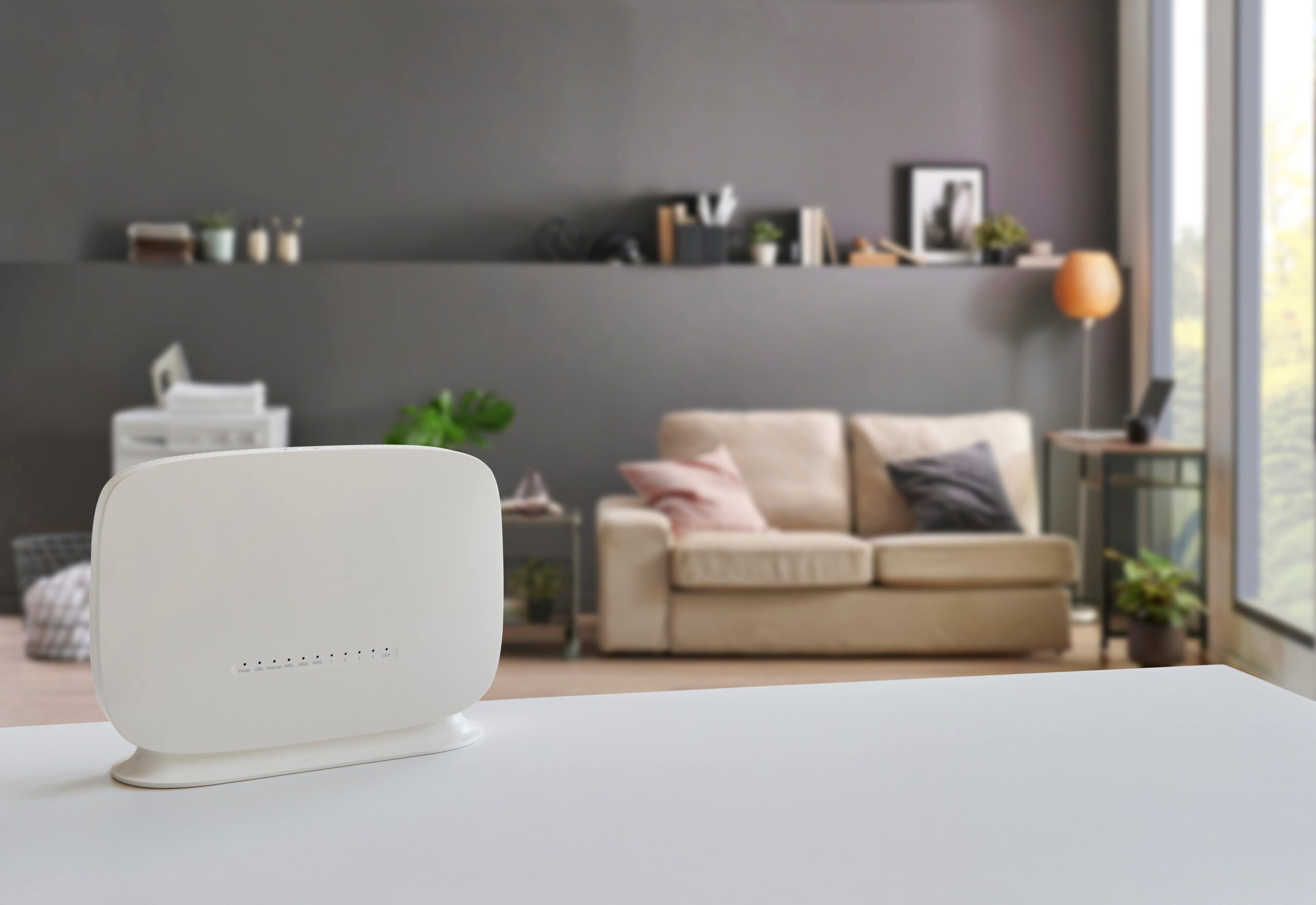 wireless router on countertop with chic living room in background