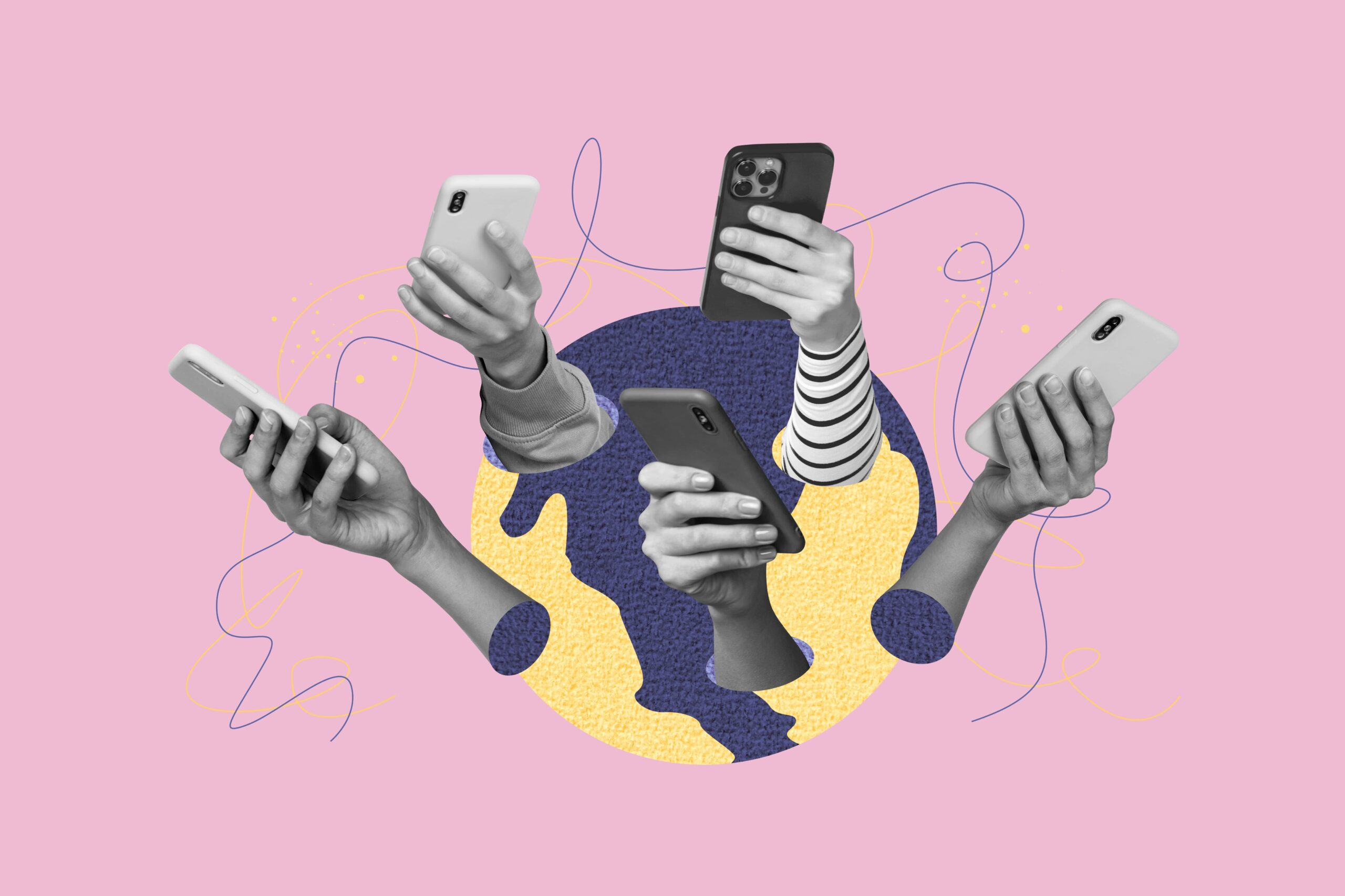 Collage of hands holding cell phones on a pink abstract background