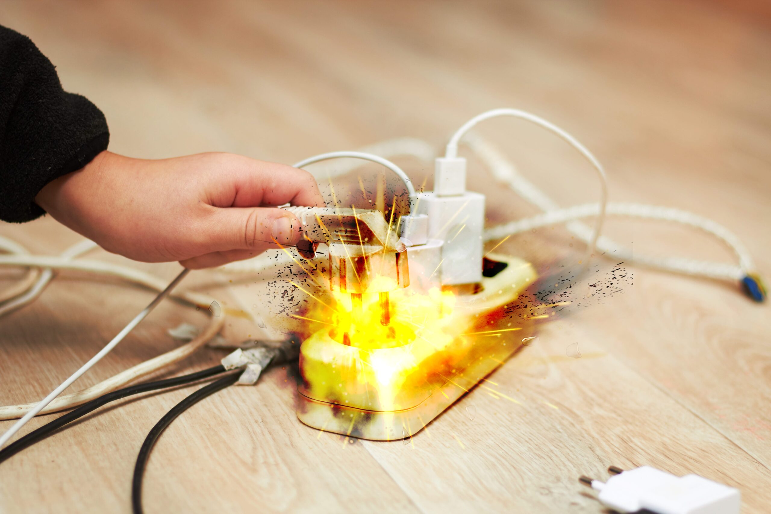 person plugging in a wire and the surge protector catches on fire