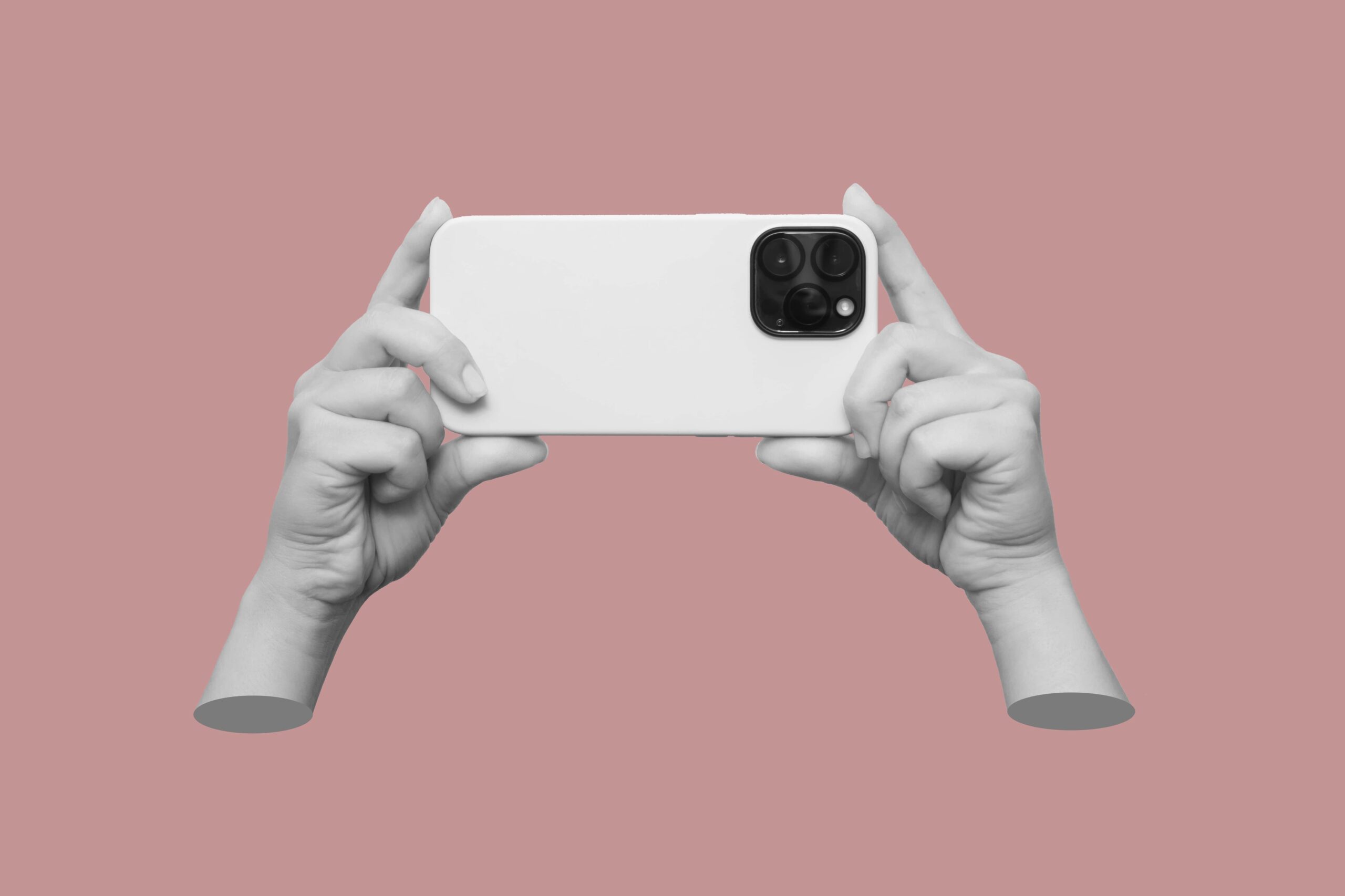 floating hand collage with white iphone taking a photo