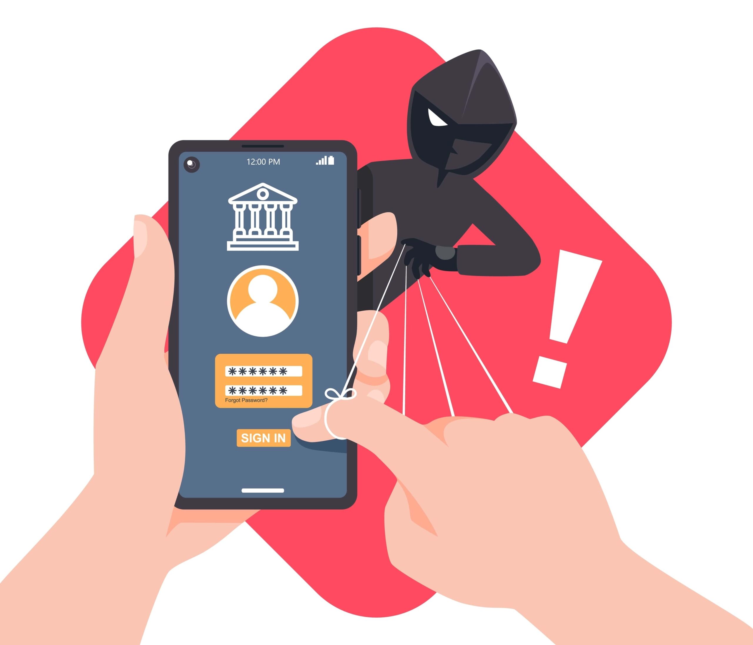 Cartoon hands and shady figure on mobile phone with red alert