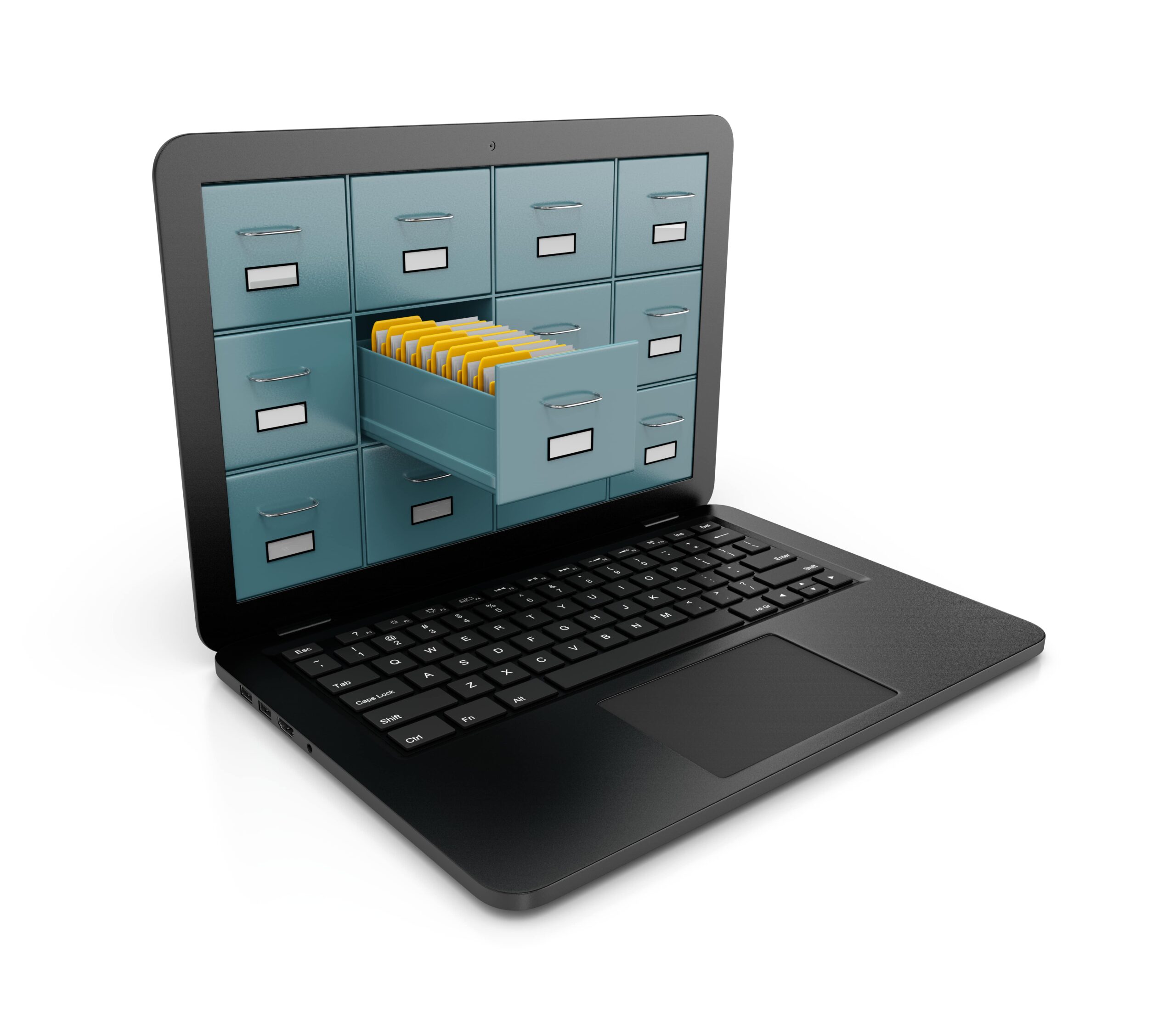 a laptop screen displaying an open file drawer full of documents.