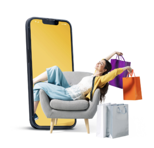 Young woman sitting and holding shopping bags in a smartphone, online shopping