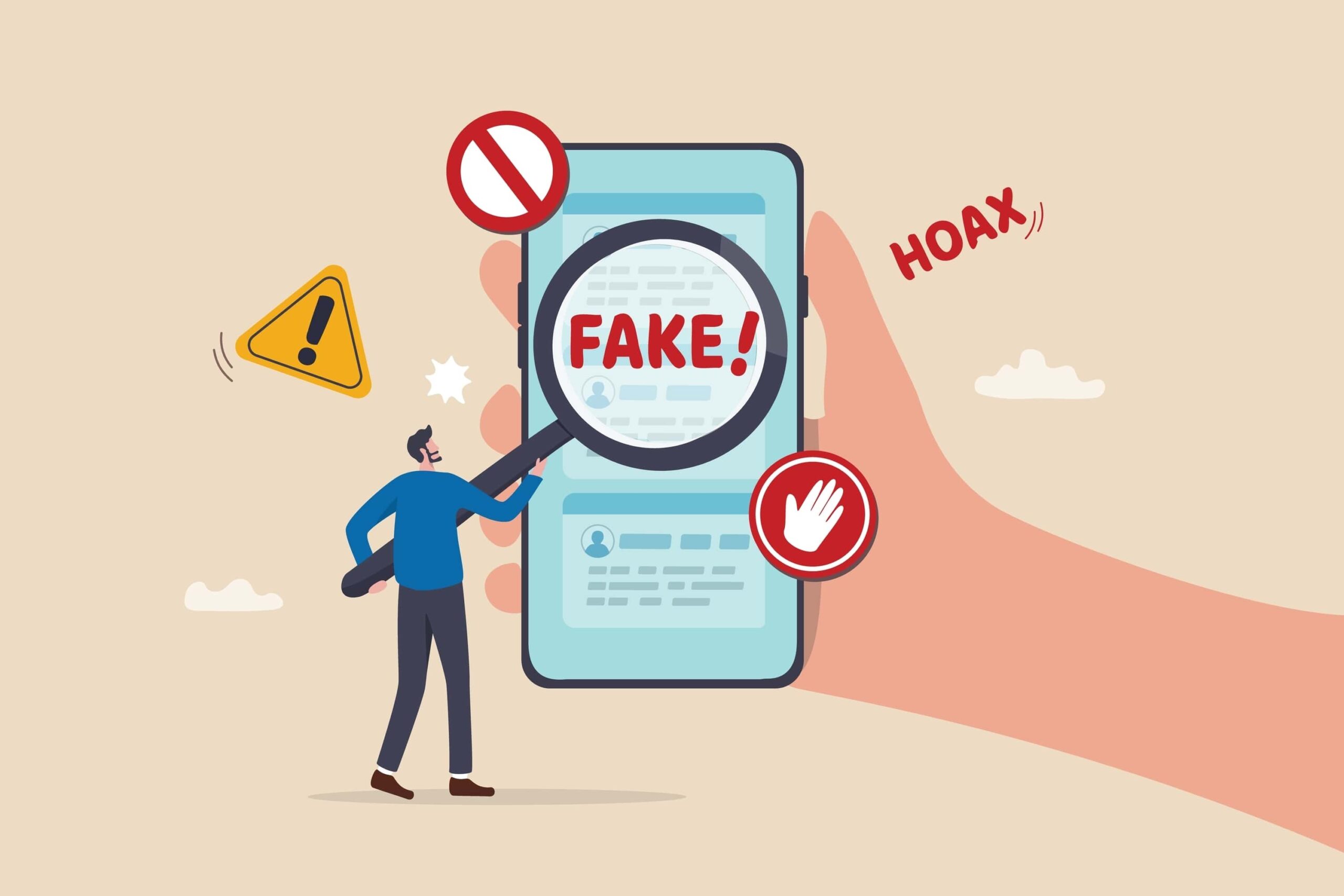 An Illustration of a person holding a magnifying glass up to a mobile phone website that displays the word “FAKE”