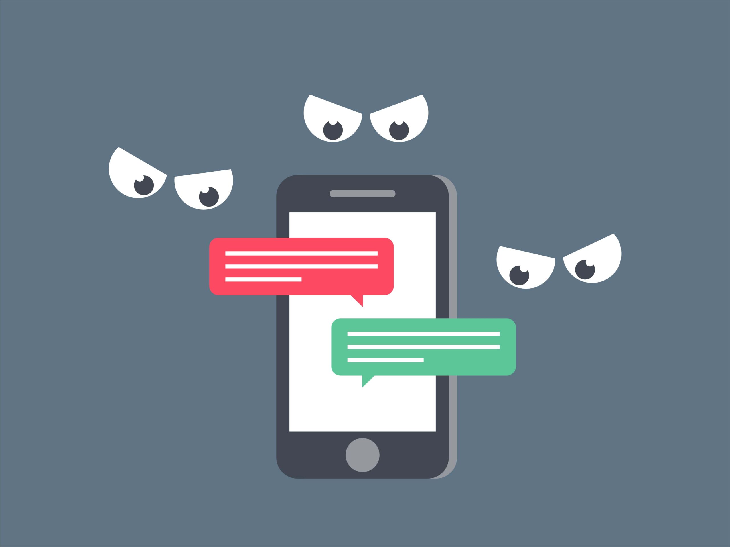 Three sets of angry eyes looking at a mobile device with red and green text bubbles.