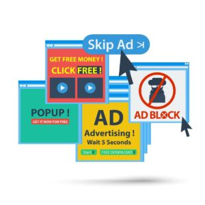 Illustration of multiple pop-up ads including messages like 'Click Free,' 'Popup,' 'Get Free Money,' and 'Skip Ad,' symbolizing intrusive online advertising and the need for ad blockers.