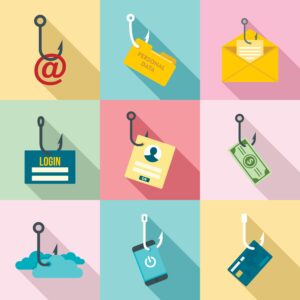 Flat icon set showing various phishing threats, including login theft, email scams, personal data breaches, and financial fraud—each depicted with a fishing hook on colorful tiles.