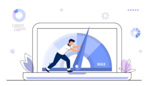 Illustration of a person pushing a gauge needle toward the maximum level on a laptop screen, symbolizing system optimization or boosting computer performance.