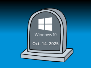 Cartoon-style tombstone with the Windows 10 logo, symbolizing the end of support for the Windows 10 operating system.