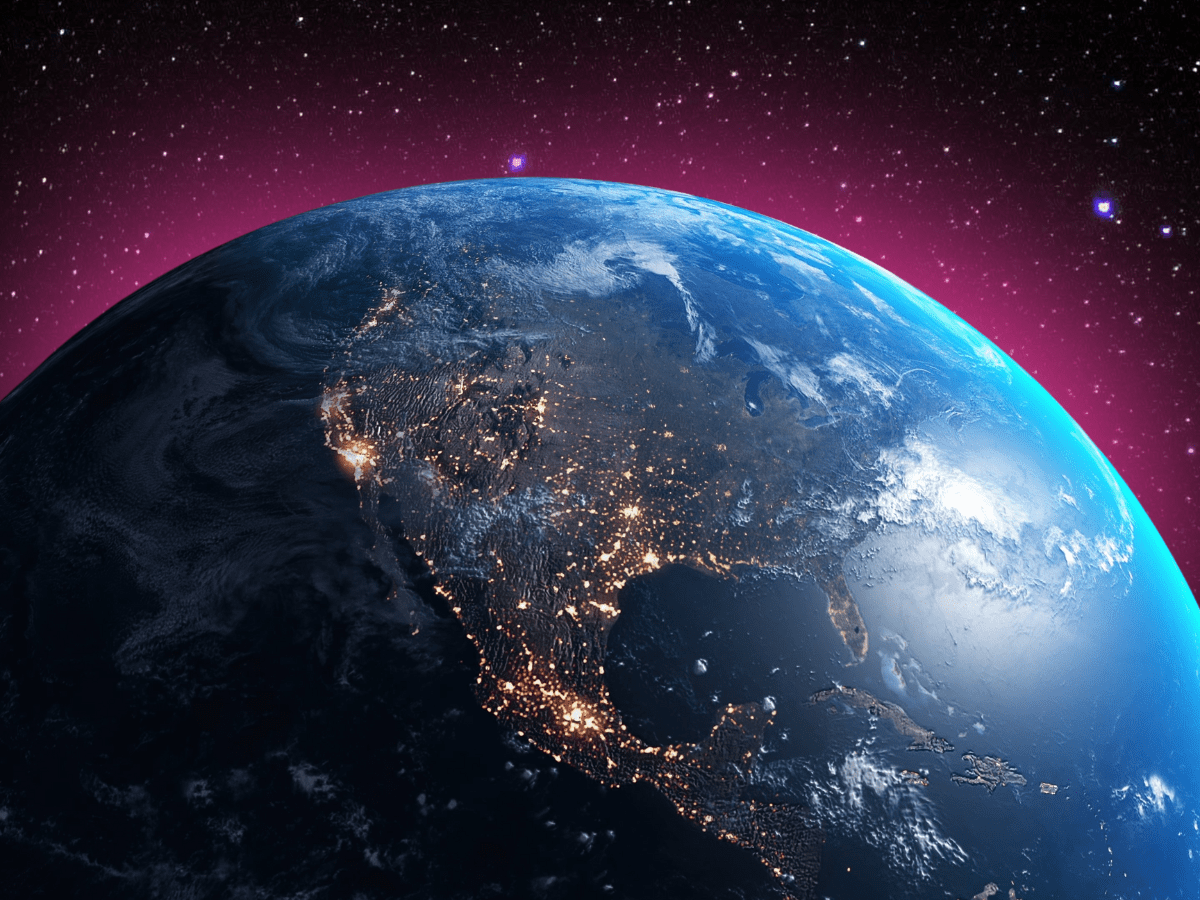 View of Earth from space at night, lit with city lights, with hot pink aura representing global coverage and Starlink satellite internet expansion.