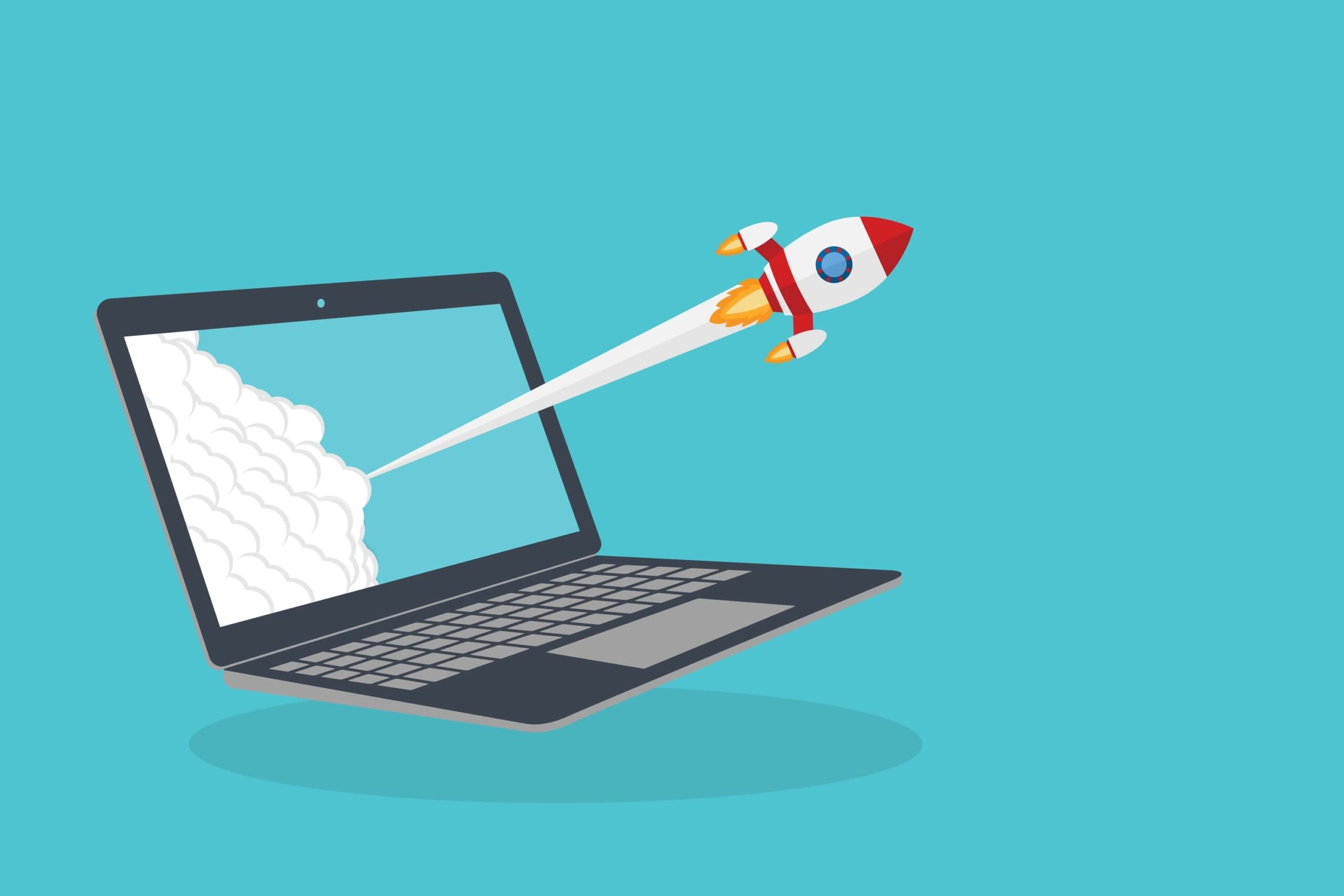 Cartoon rocket launching from a laptop screen with smoke trail on a teal background, representing fast technology.