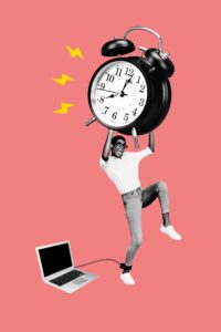 Surreal collage of a person chained to a laptop while lifting a giant alarm clock, symbolizing tech burnout or being overwhelmed by time and screen use. 