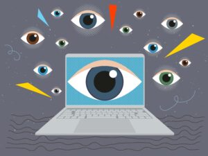 llustration of a laptop with a large eye on the screen surrounded by multiple eyes, symbolizing online surveillance and digital privacy concerns. 