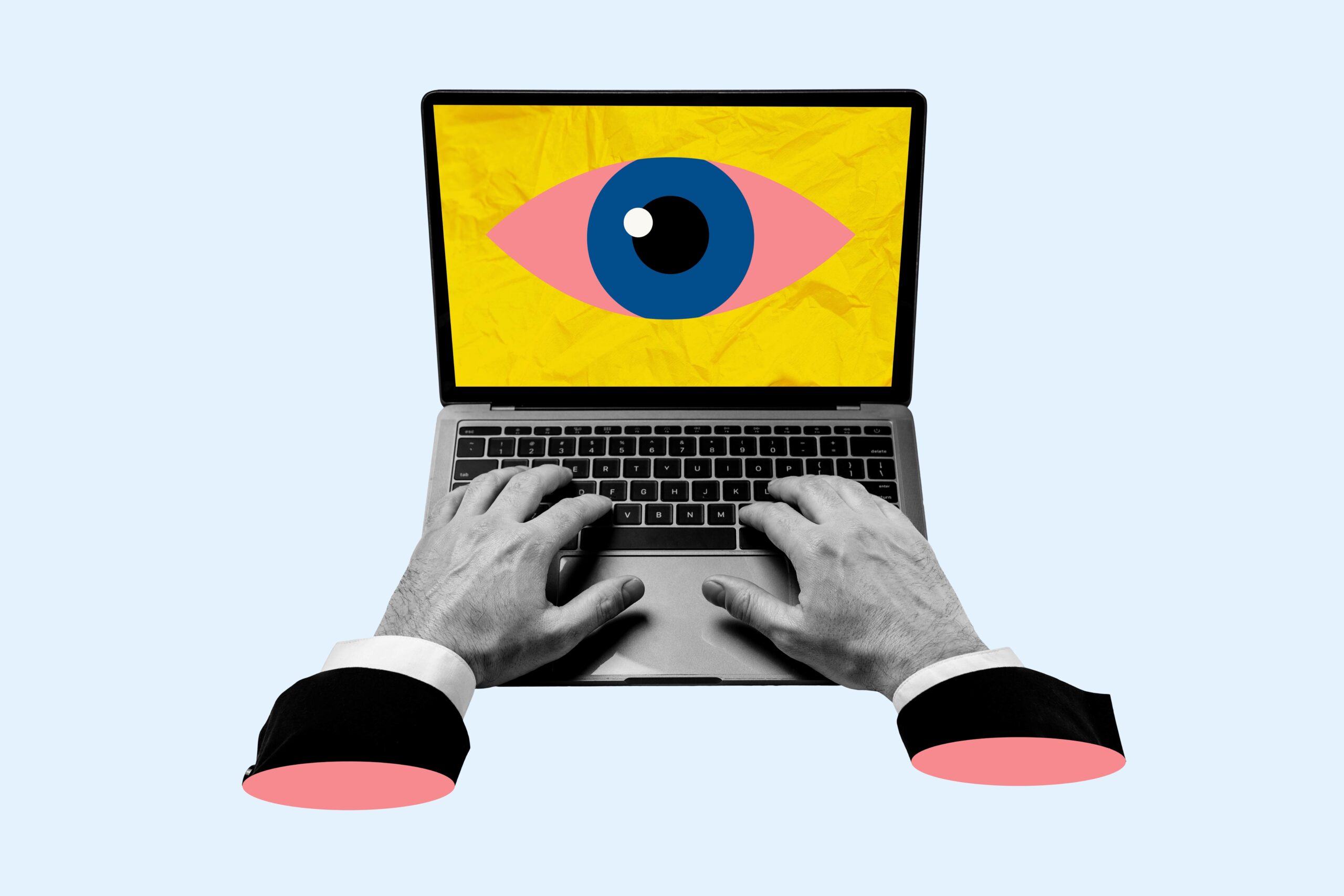 Collage-style image of a person typing on a laptop with a large eye on the screen, representing data monitoring or digital oversight.