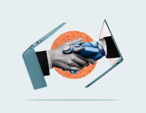 Creative collage of a human and robotic hand shaking through laptop screens, symbolizing collaboration between humans and artificial intelligence. 