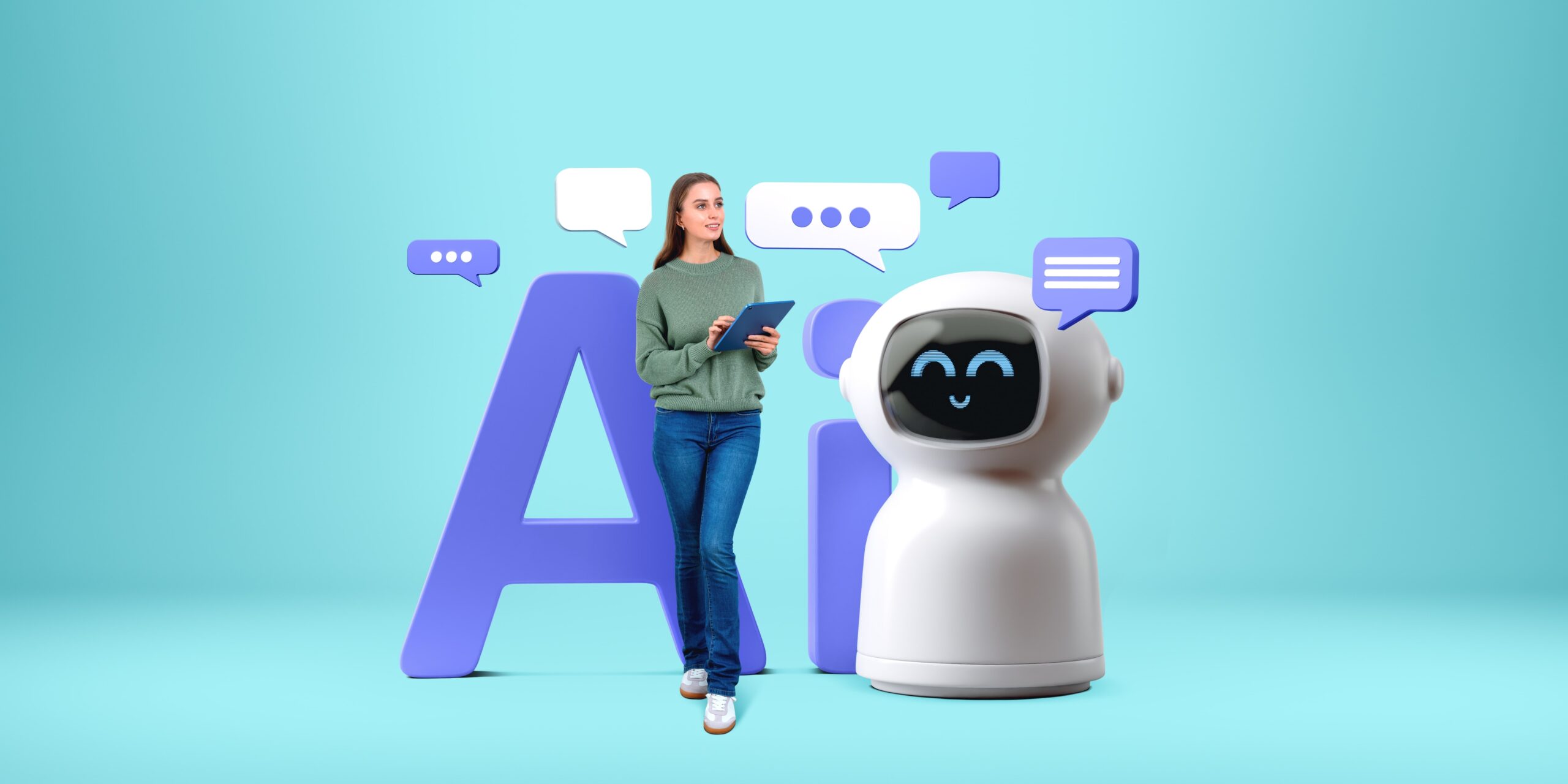 Woman holding a tablet next to a friendly robot and large “AI” letters, surrounded by speech bubbles, representing AI conversation or virtual assistant interaction.