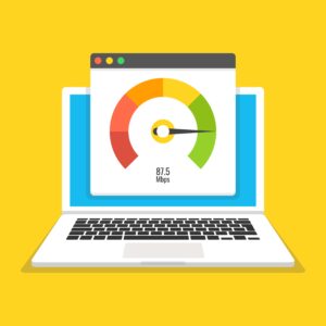 Laptop screen displaying a colorful speedometer gauge showing internet speed test results at 87.5 Mbps on a yellow background