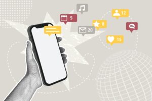 Stylized illustration of a hand holding a smartphone surrounded by social media notification icons on a neutral abstract background