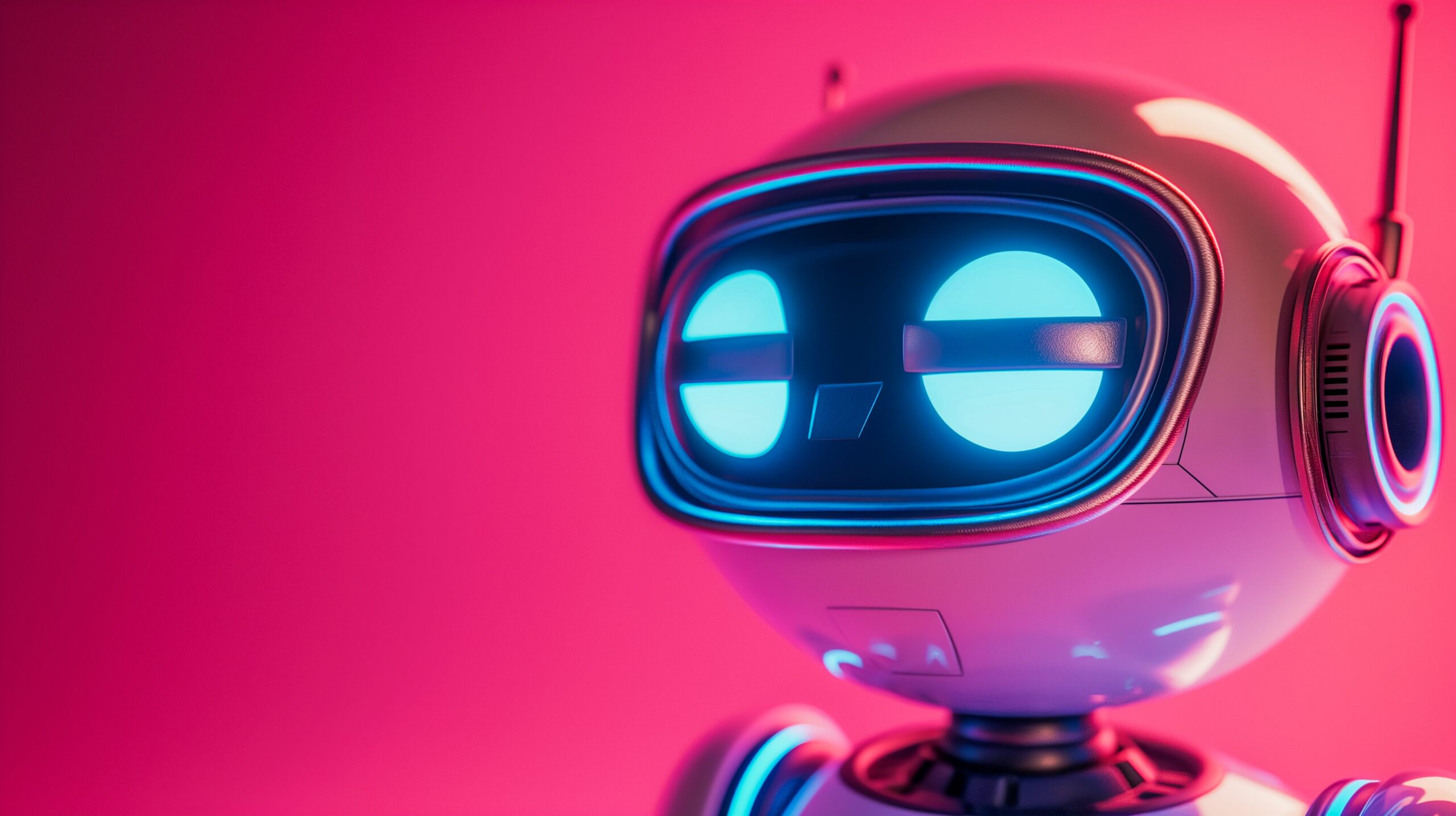 3D-rendered robot with glowing blue eyes and a sleek, futuristic design, set against a vibrant pink background.