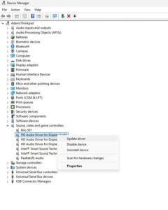 Windows Device Manager showing sound, video, and game controllers with HD Audio Driver right-click menu open.