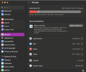 Mac storage settings showing 235 GB of 245 GB used with System Data taking up most space