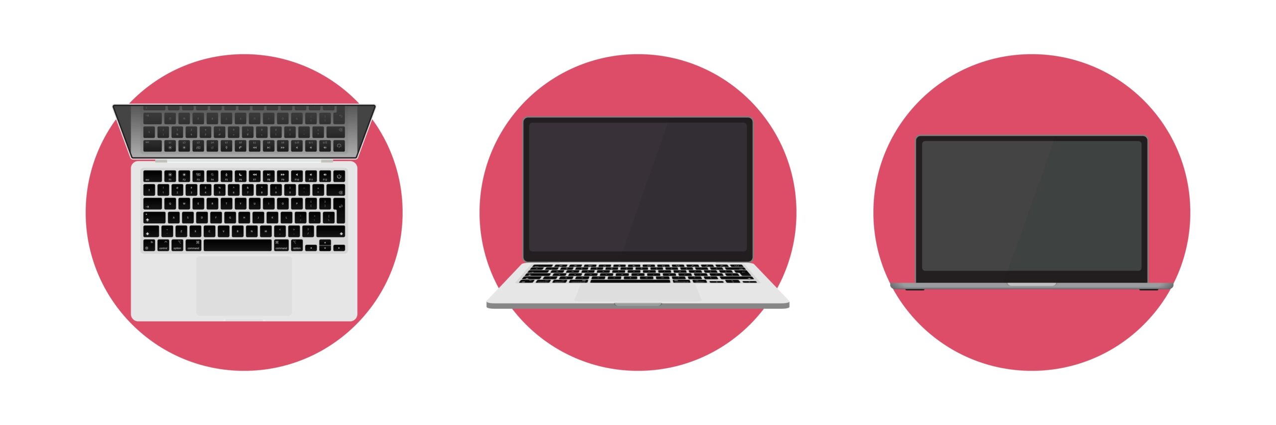 Three illustrated laptop computers displayed against red circular backgrounds — one viewed from above showing the keyboard, one front-facing with the screen open, and one side-view laptop, all representing different laptop perspectives.