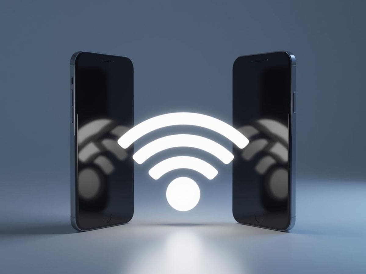 Two smartphones facing each other with a glowing Wi-Fi symbol between them, representing easy wifi sharing between devices.