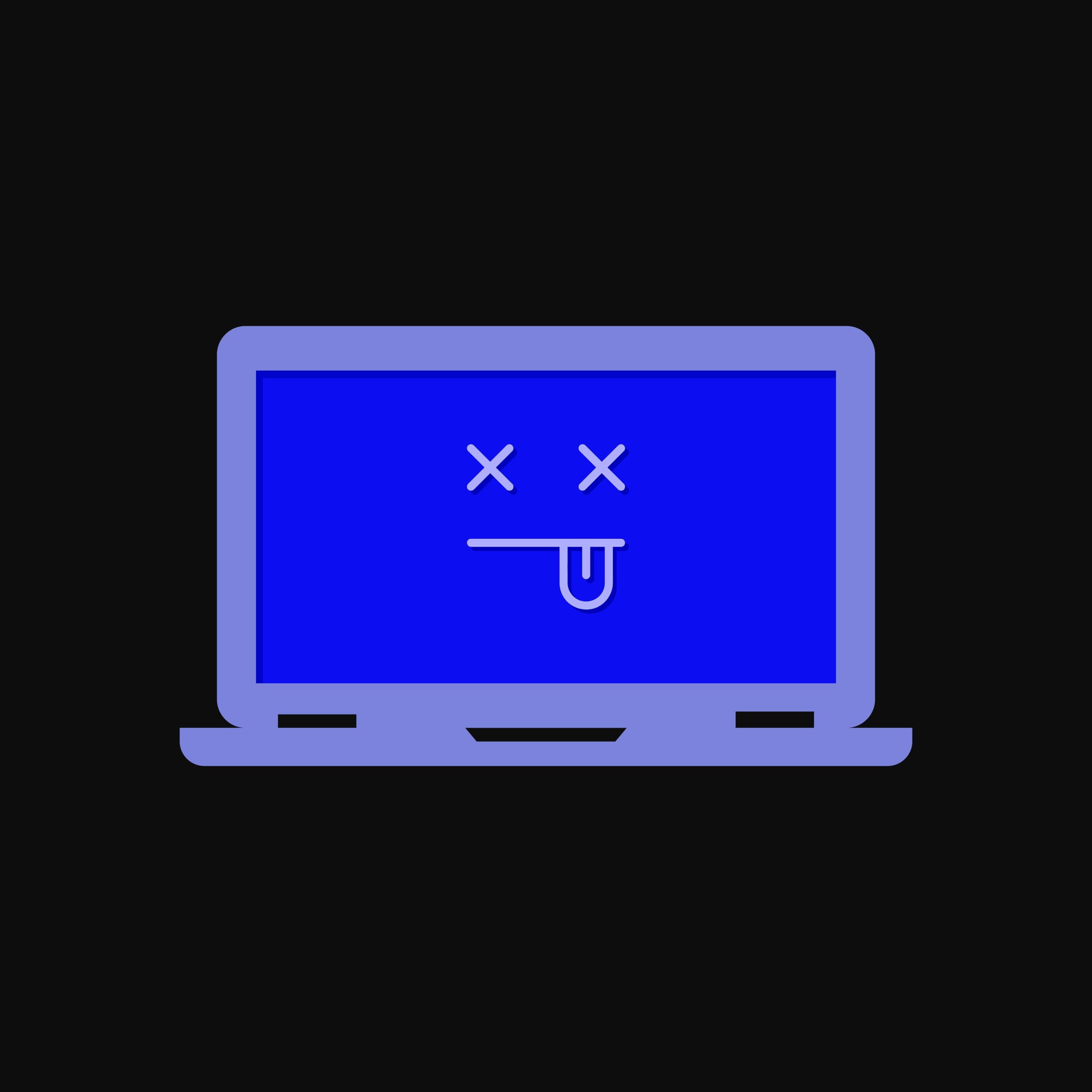 Illustration of a laptop with a blue screen displaying a cartoon dead-face symbol, representing a system crash or computer failure.