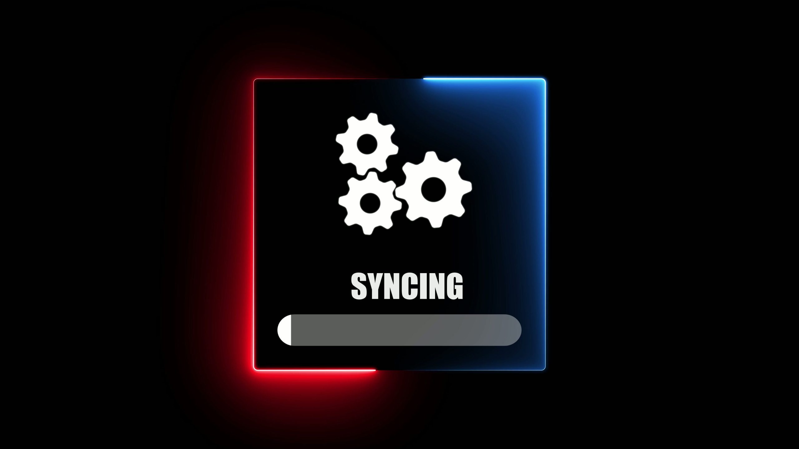 Illustration of three gears above a syncing progress bar, representing data synchronization between devices.