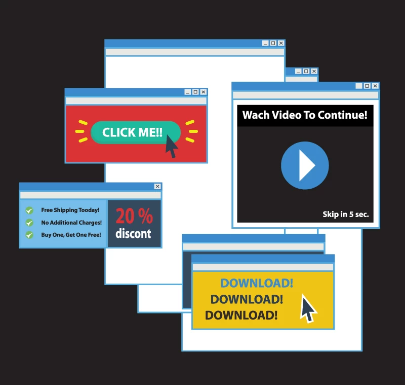 Illustration of multiple intrusive pop-up ads on computer screen, including clickbait, video prompts, and discount offers