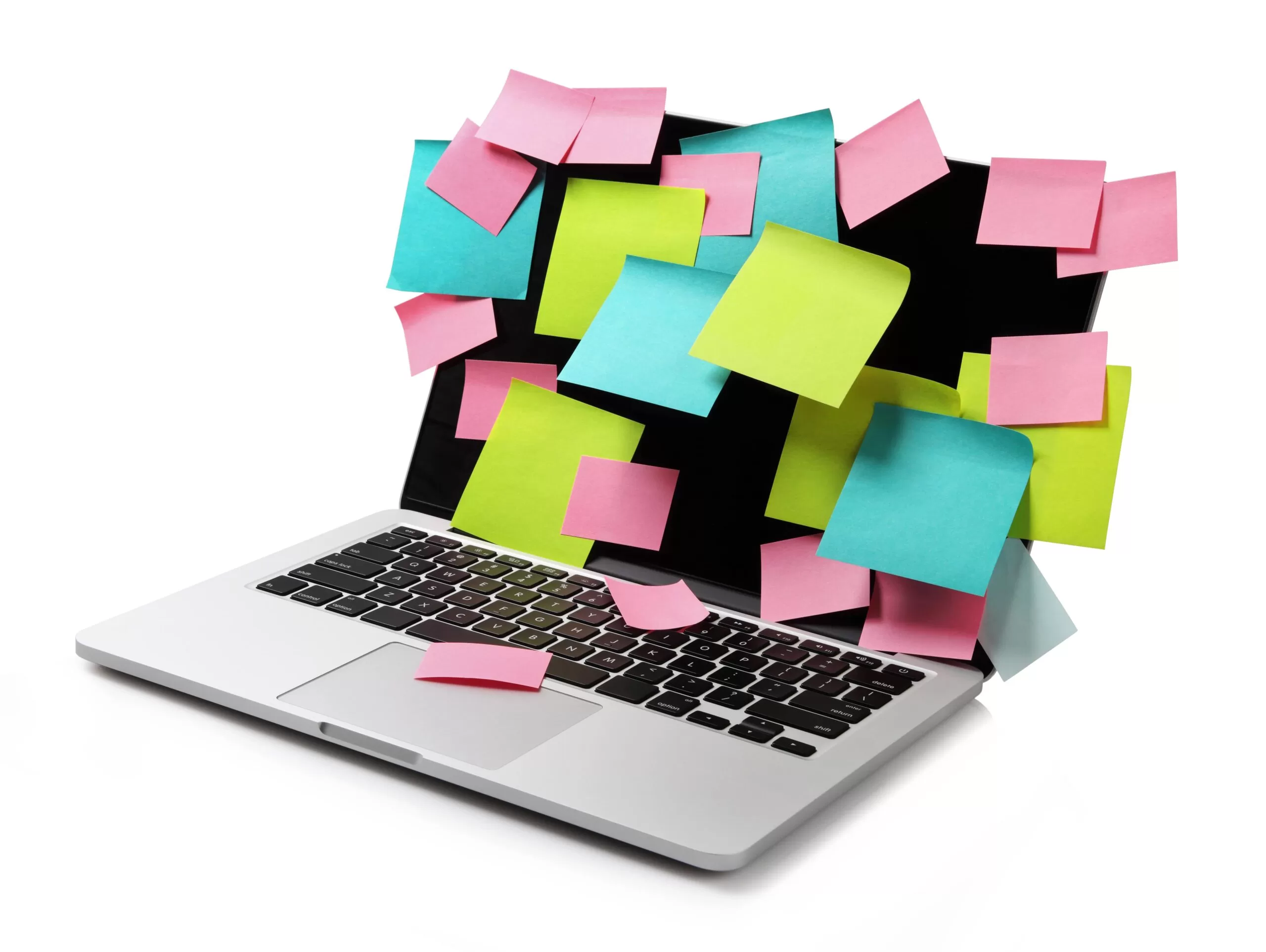 Laptop covered in blue, pink, and yellow post-it notes