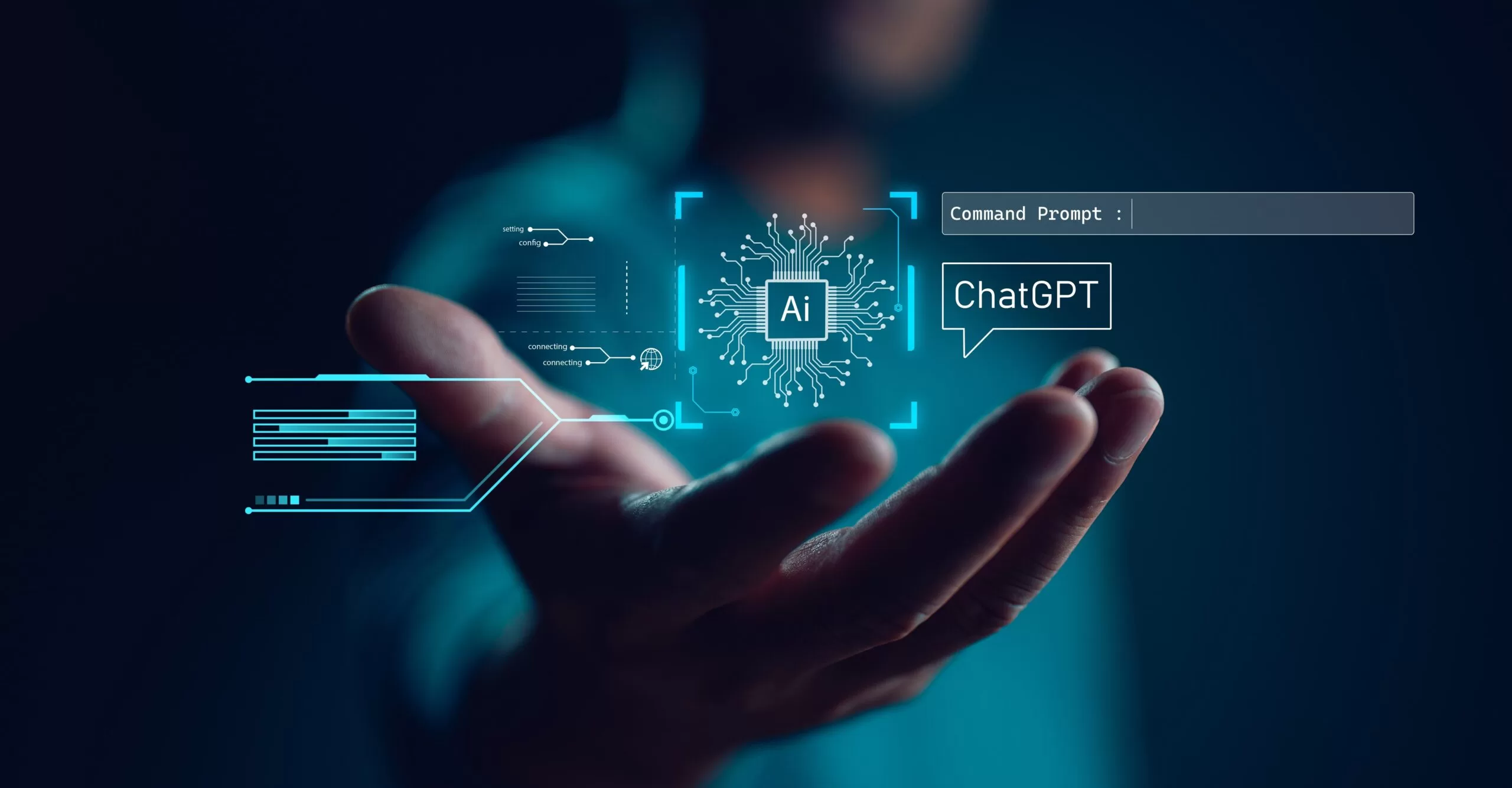A persons hand holding a futuristic display of AI technology and command prompts for Chat GPT.